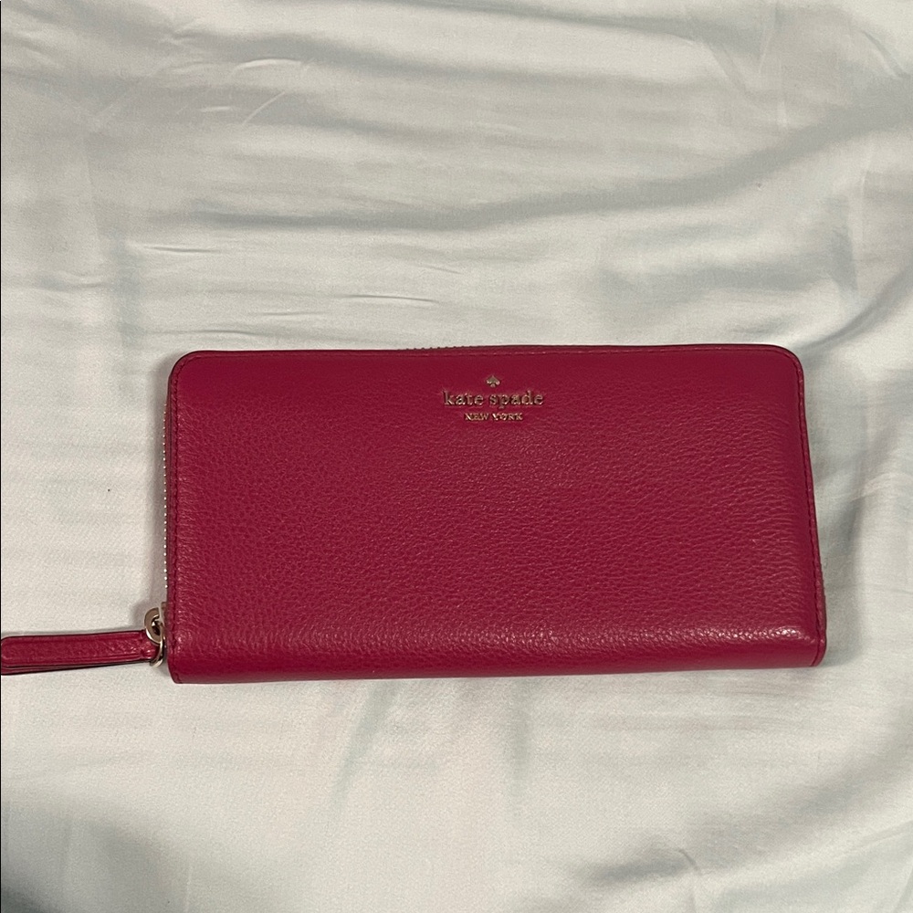 Kate Spade Fuchsia Leather Wallet large zip around maroon